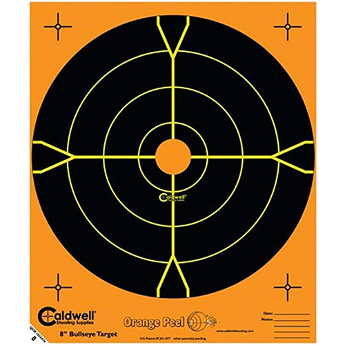 Caldwell Orange Peel Targets feature dual color flake technology for instant hit visibility, adhesive backing for easy attachment, and included pasters for repairs.